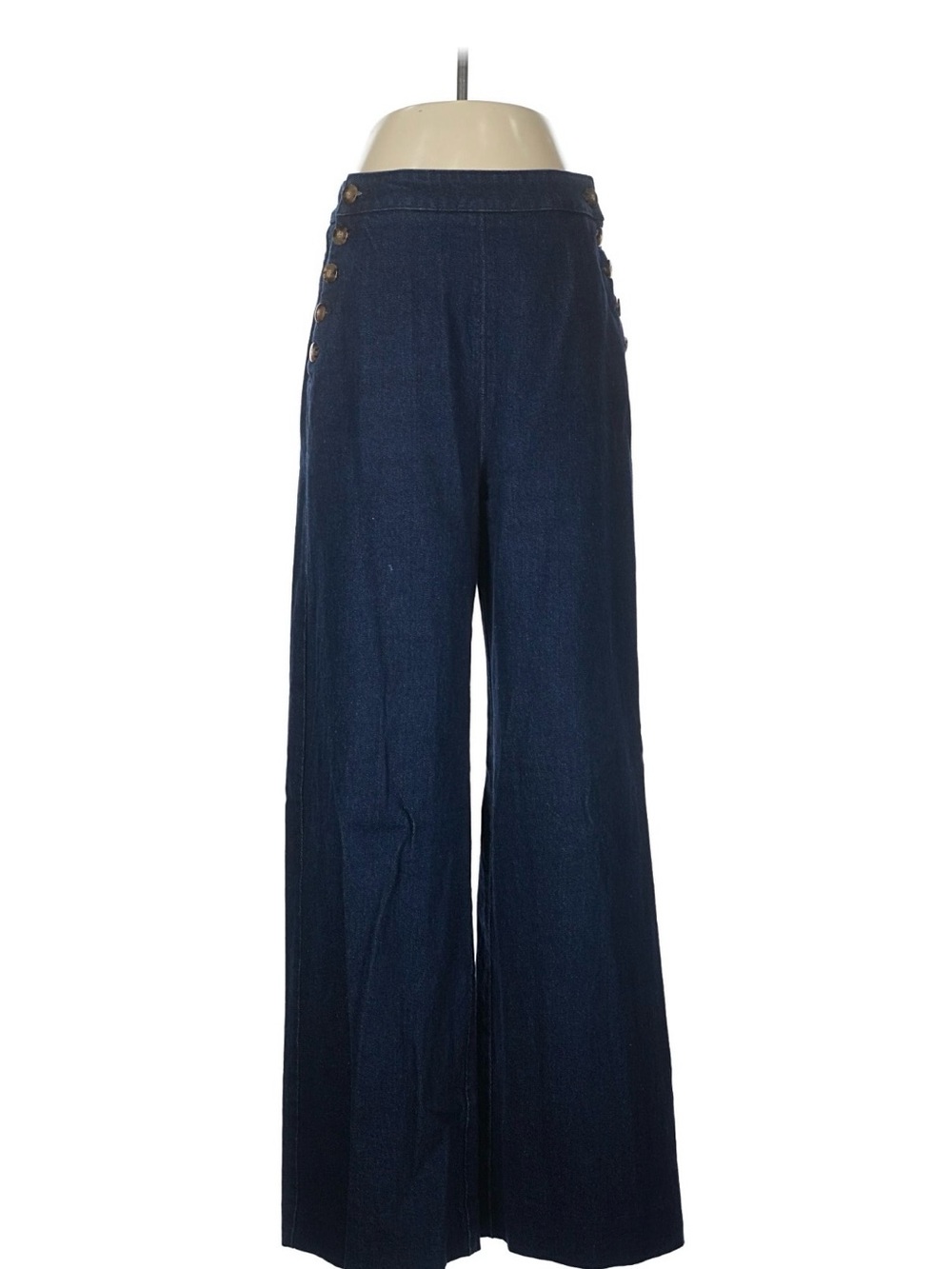 Sezane Navy High-Rise Wide-Leg Trousers with Side Buttons